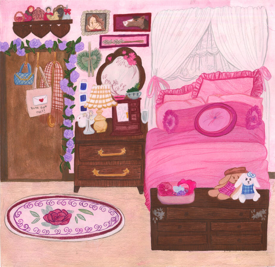 Lyra's Bedroom - Colored pencil and gouache on illustration board, 8.5x9.25"