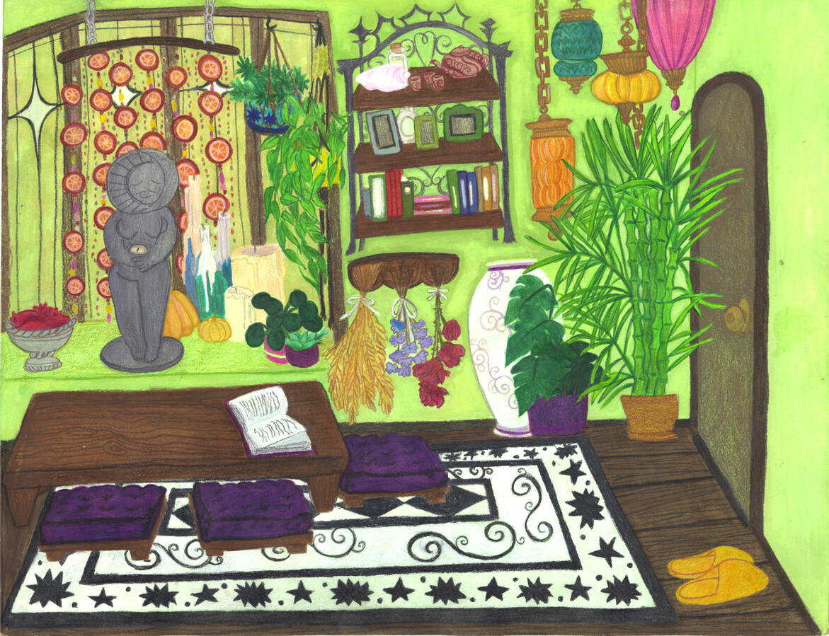 Najima's Living Room - Colored pencil and gouache n illustration board, 12x15"