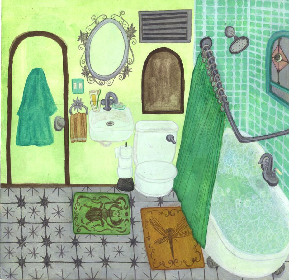 Najima's Bathroom - Colored pencil and gouache on illustration board, 8.5x9.25"