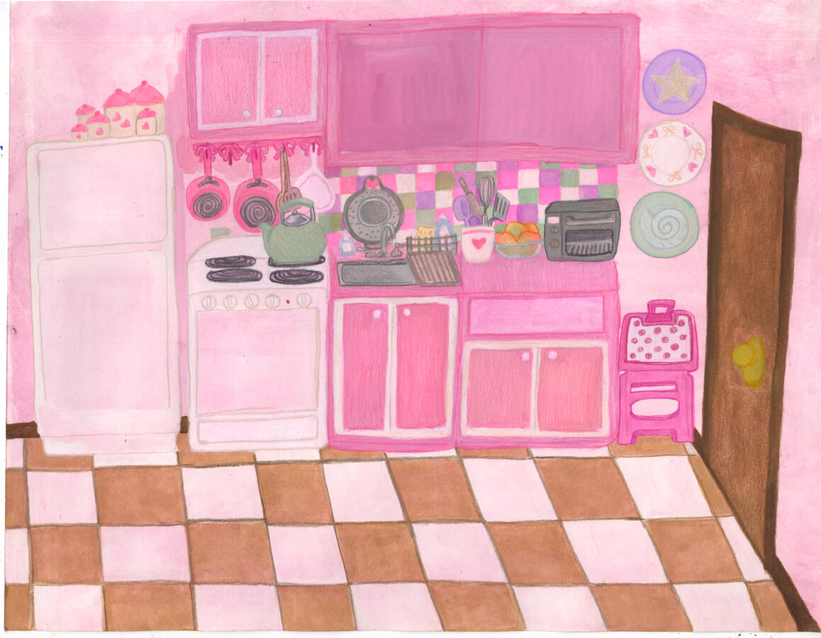 Lyra's Kitchen - Colored pencil and gouache on illustration board, 12x15"