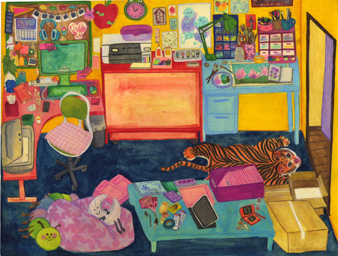 Stella's Studio - Colored Pencil and gouache on illustration board, 12x15"
