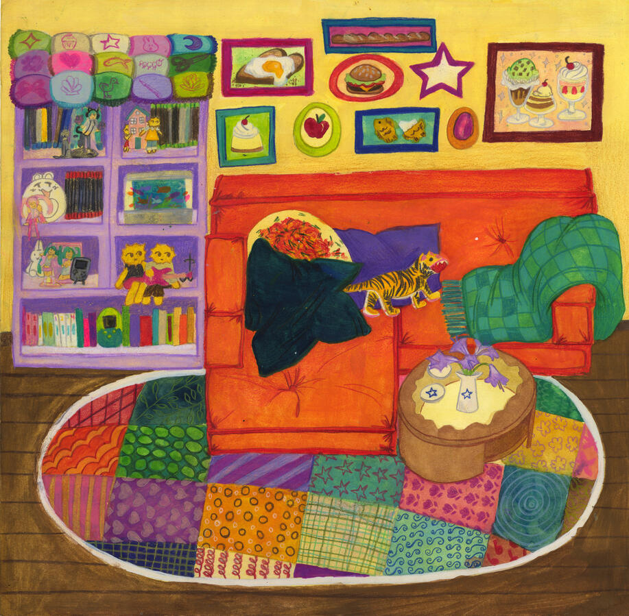 Stella's Living Room - Colored pencil and gouache on illustration board, 8.5x9.25
