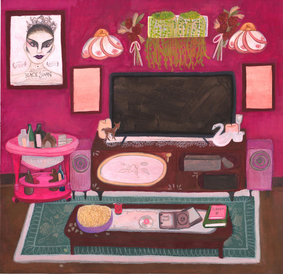 Asterí's Living Room - Colored pencil and Gouache on illustration board, 8.5x9.25"